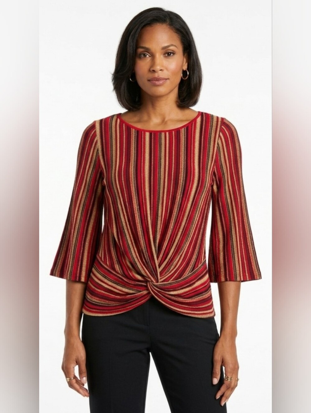 Ruby Rd. Red Multi-Stripe Knit Twist Front Blouse W/Gold Color Thread Size PL